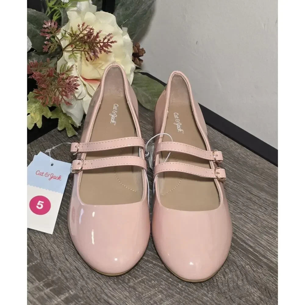 Cat&Jack BigGirls Amelia Mary Jane Flats Double Buckle, Pink, Dress Shoes Size 5
